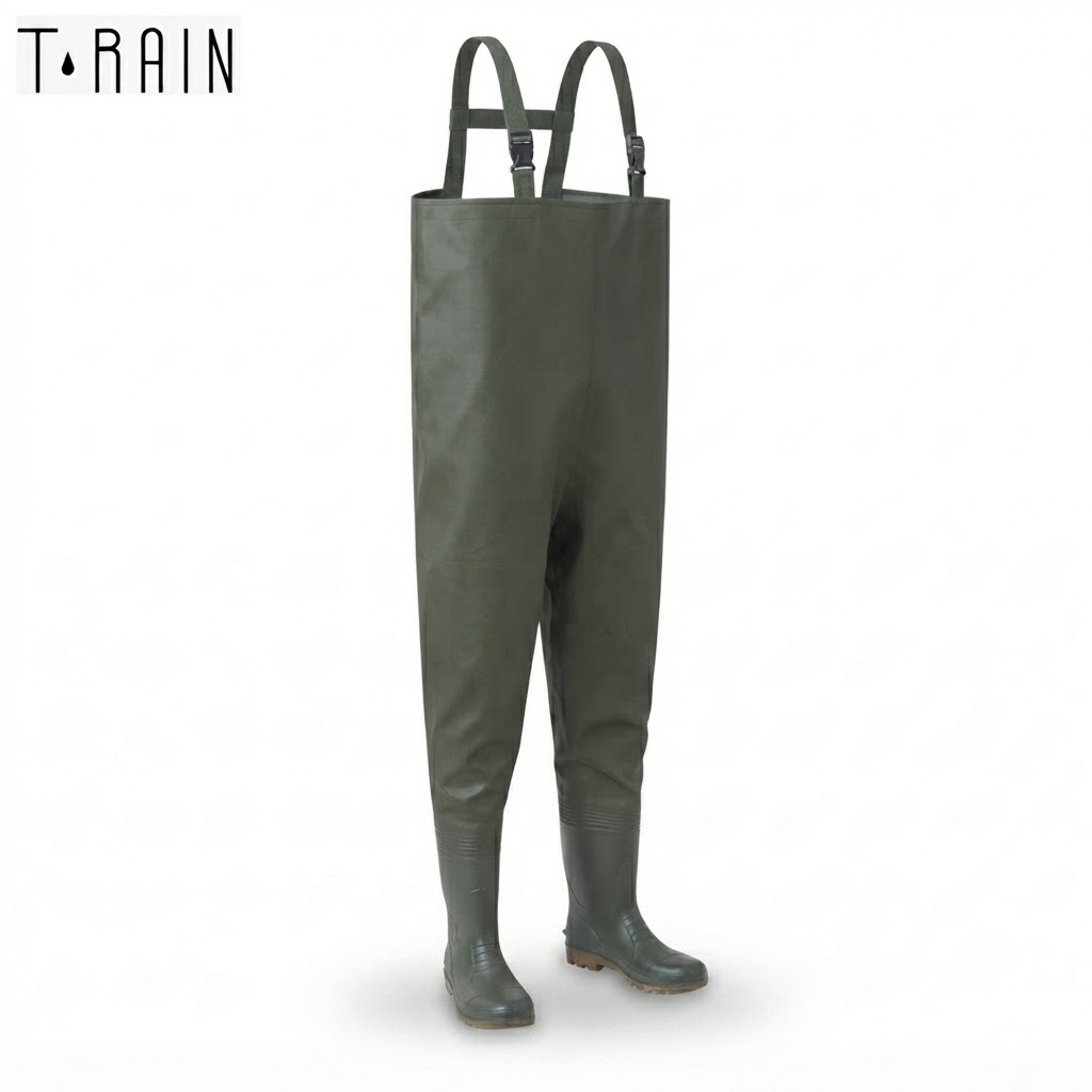 Green waterproof waders with adjustable suspenders and rubber boots, standing upright and ready for outdoor use