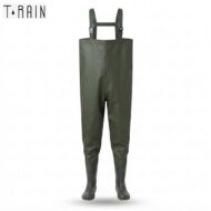 Olive green waterproof chest waders with suspenders and matching rubber boots, standing upright.