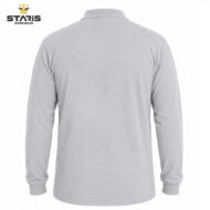 Back view of a light gray long-sleeve polo shirt with ribbed cuffs; Staris Workwear logo in the top-left corner.