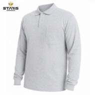 Light gray long-sleeve polo shirt with a chest pocket on a white background