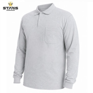 Light gray long-sleeve polo shirt with a chest pocket on a white background