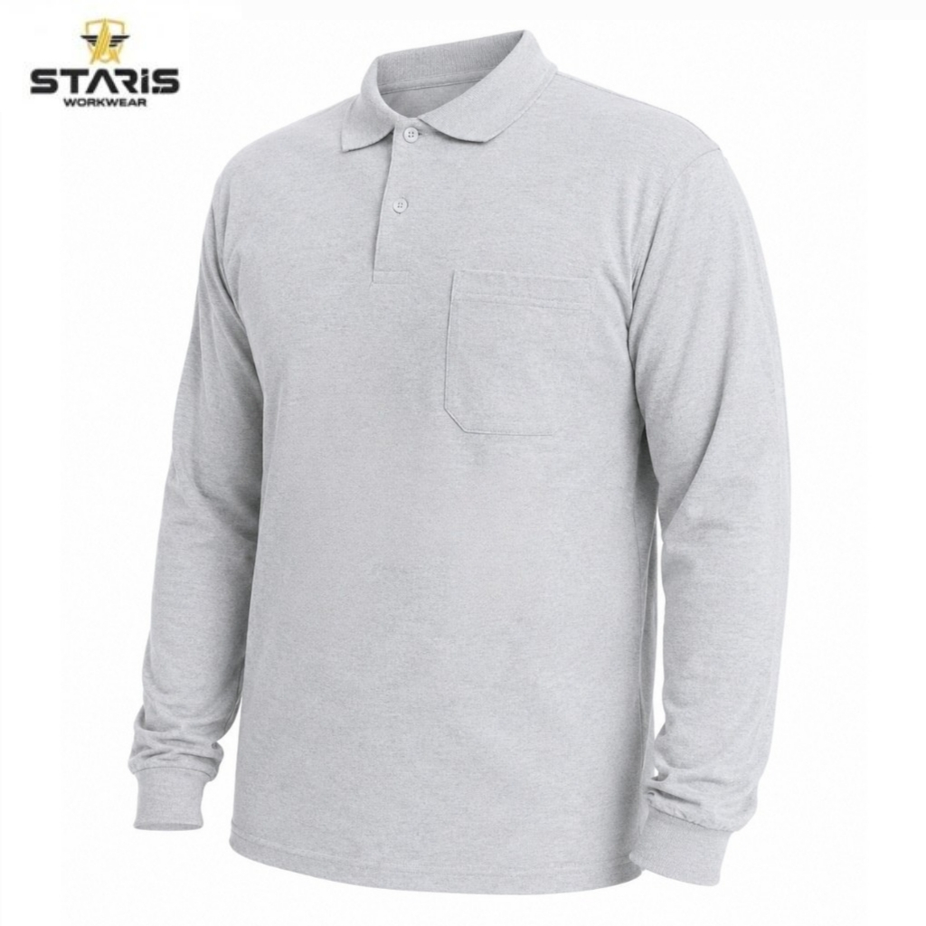 Light gray long-sleeve polo shirt with a chest pocket on a white background