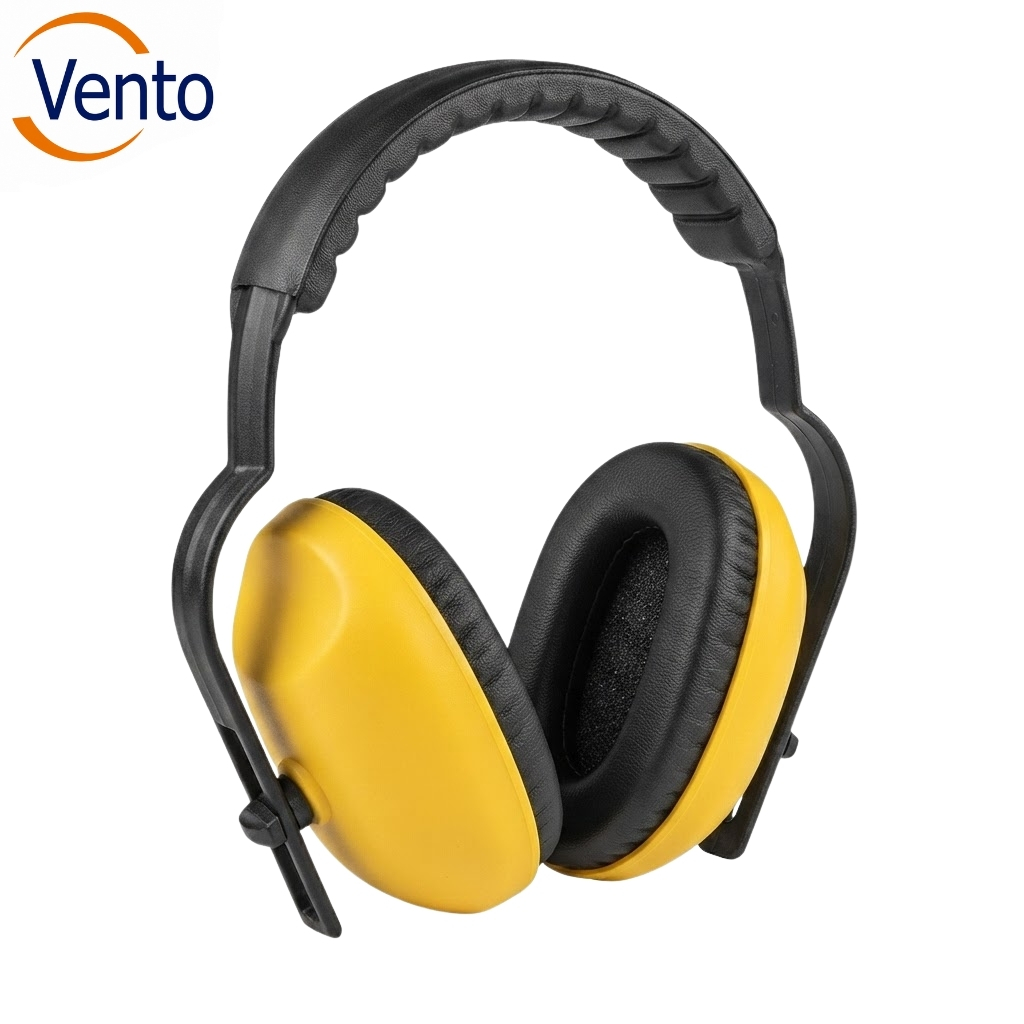 Hearing protection earmuffs (yellow and black) with a black headband, brand logo 'Vento' in the corner — safety headphones for noise reduction