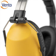 Close-up of yellow ear protection earmuffs with black padding and metal frame; Vento logo in the top-left corner.