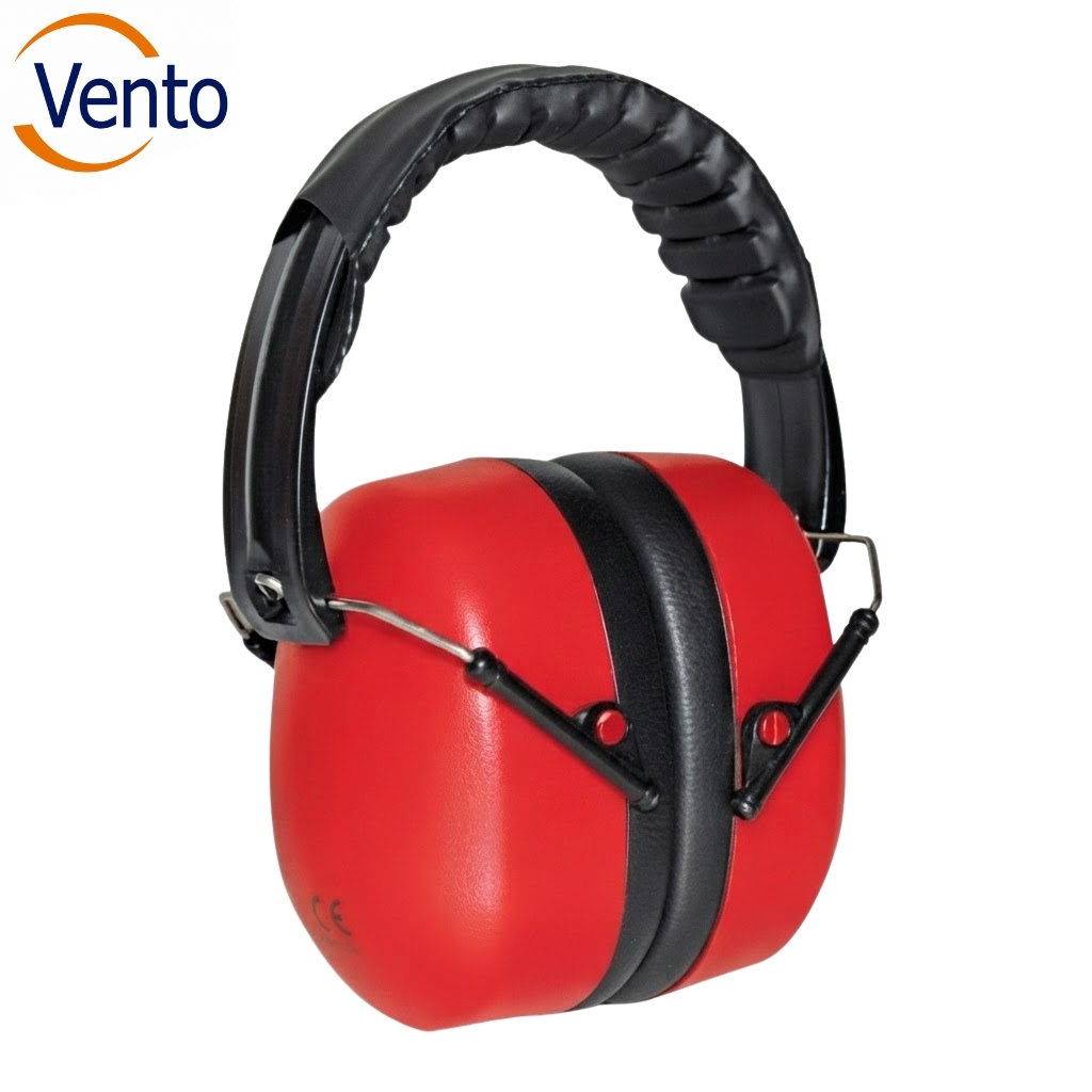 Red over-ear hearing protection earmuffs with a black headband and metal clips, used for noise reduction (Vento logo in corner).