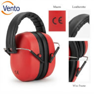 Red and black safety earmuffs with metal wire frame, CE mark, shown with close-up labels Macro and Leatherette.