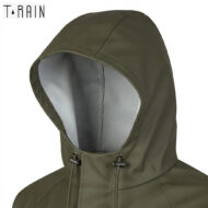 Olive green hooded rain jacket with adjustable drawstrings and light gray lining inside the hood.