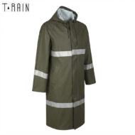 Olive green raincoat with hood and white reflective bands across chest, sleeves, and hem; zipper front, pocket exposed on left side.