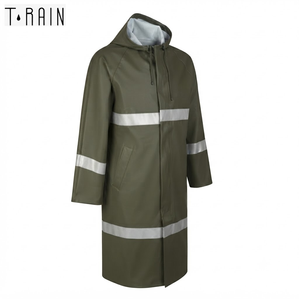 Olive green raincoat with hood and white reflective bands across chest, sleeves, and hem; zipper front, pocket exposed on left side.