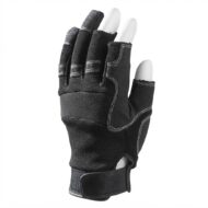 Black padded glove with white stitching and a Velcro strap at the wrist, shown from the back.