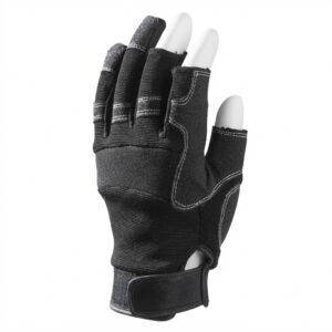 Black padded glove with white stitching and a Velcro strap at the wrist, shown from the back.