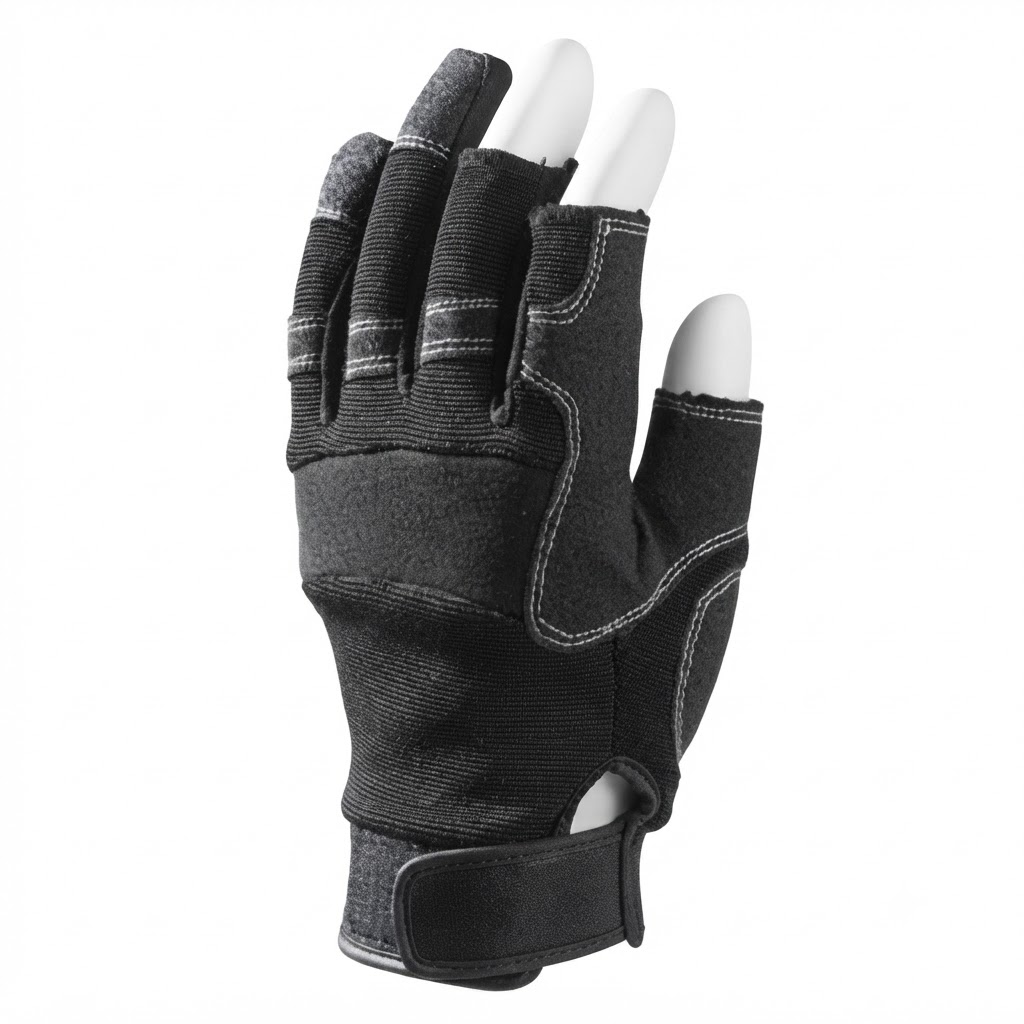 Black padded glove with white stitching and a Velcro strap at the wrist, shown from the back.