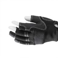 Black padded glove with white stitching shown against a white background.
