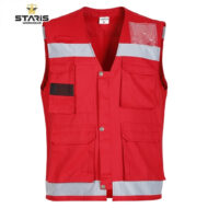 Red high-visibility work vest with light-gray reflective stripes, multiple cargo pockets, and snap buttons (informational product image).