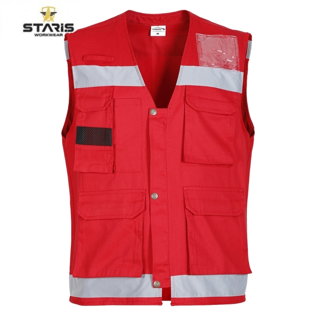 Red high-visibility work vest with light-gray reflective stripes, multiple cargo pockets, and snap buttons (informational product image).