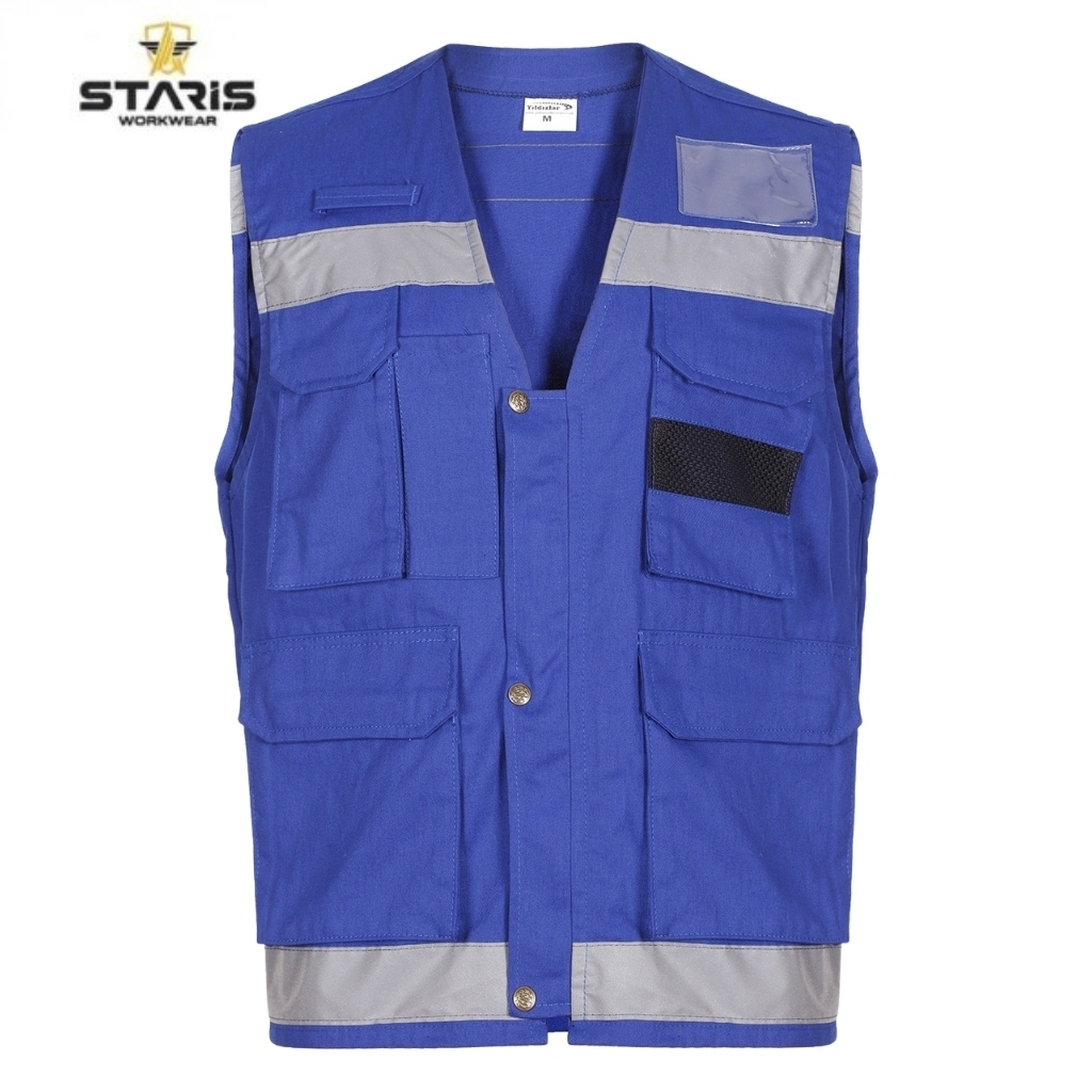 Blue work vest with multiple pockets, gray reflective bands, and a staris logo in the top left corner.