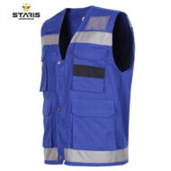 Blue work vest with multiple pockets, reflective stripes, and gray trim for safety and utility (Staris Workwear)