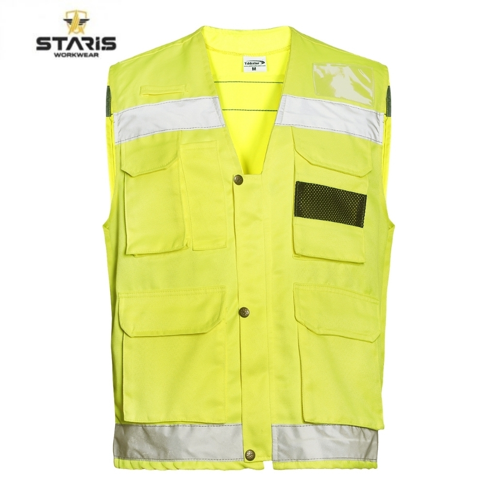 High-visibility yellow safety vest with reflective silver stripes, multiple front pockets and snap buttons for construction or outdoor work safety.