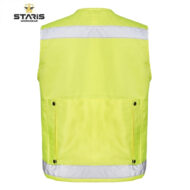 Bright yellow high-visibility safety vest with reflective stripes across the upper back and bottom, shown from the back with two side pockets.