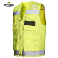 Neon yellow high-visibility safety vest with reflective gray strips and multiple pockets.