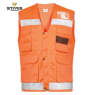 Orange high-visibility safety vest with silver reflective stripes and multiple front pockets for workwear
