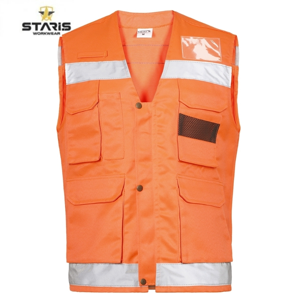 Orange high-visibility safety vest with silver reflective stripes and multiple front pockets for workwear