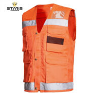 Orange high-visibility safety vest with reflective silver bands and multiple pockets, used for workwear.