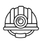 Circular emblem resembling a stylized helmet with a central crest and visor elements