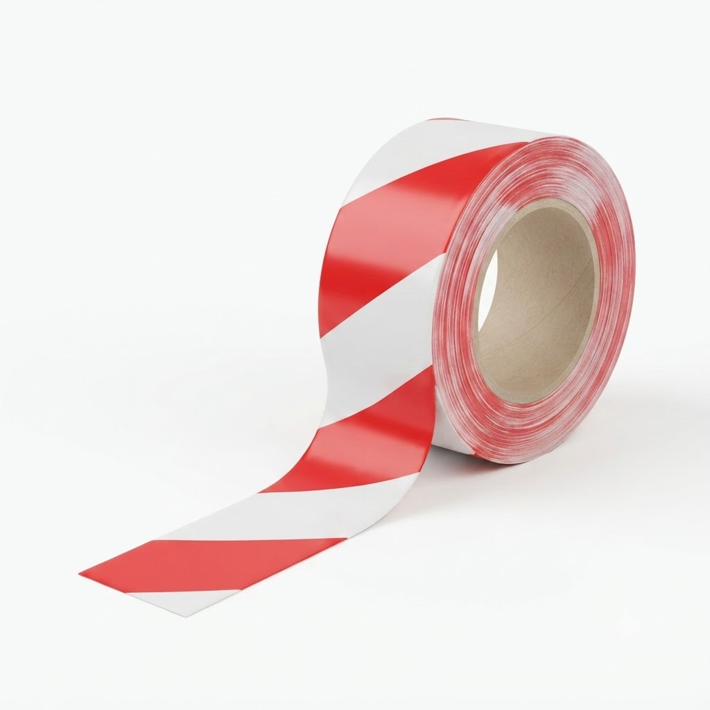 Roll of red-and-white diagonal caution tape unspooling on a white surface, suggesting a safety or barrier cue.