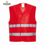 Red high-visibility safety vest with two silver reflective bands across the torso, sleeveless and front-opening design, Staris Workwear logo in corner.