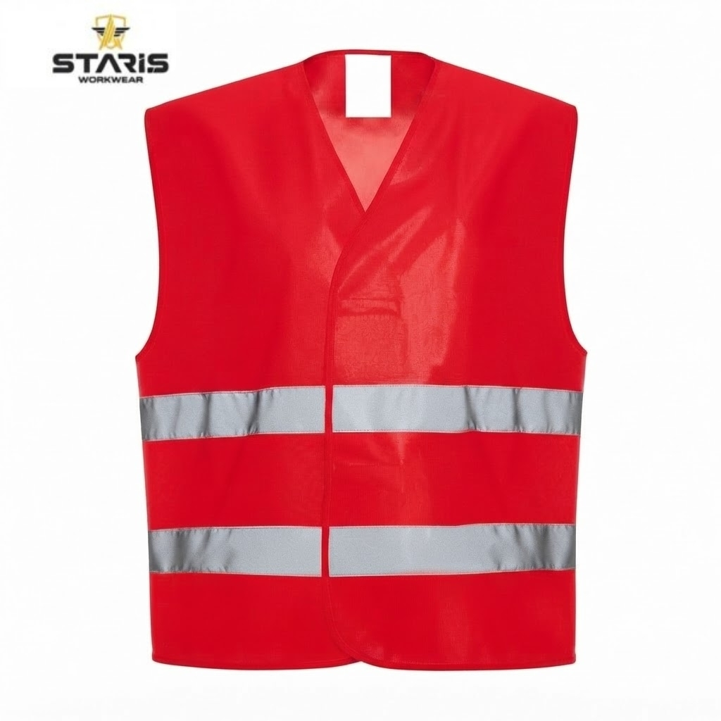Red high-visibility safety vest with two silver reflective bands across the torso, sleeveless and front-opening design, Staris Workwear logo in corner.