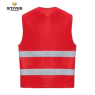 Back view of a red high-visibility safety vest with two silver reflective bands around the torso.