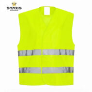 Neon yellow high-visibility safety vest with two silver reflective bands around the torso, sleeveless and front overlapping design.