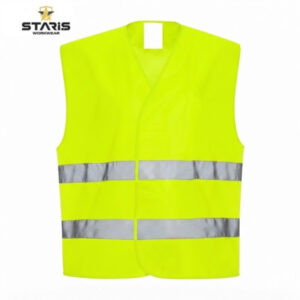 Neon yellow high-visibility safety vest with two silver reflective bands around the torso, sleeveless and front overlapping design.