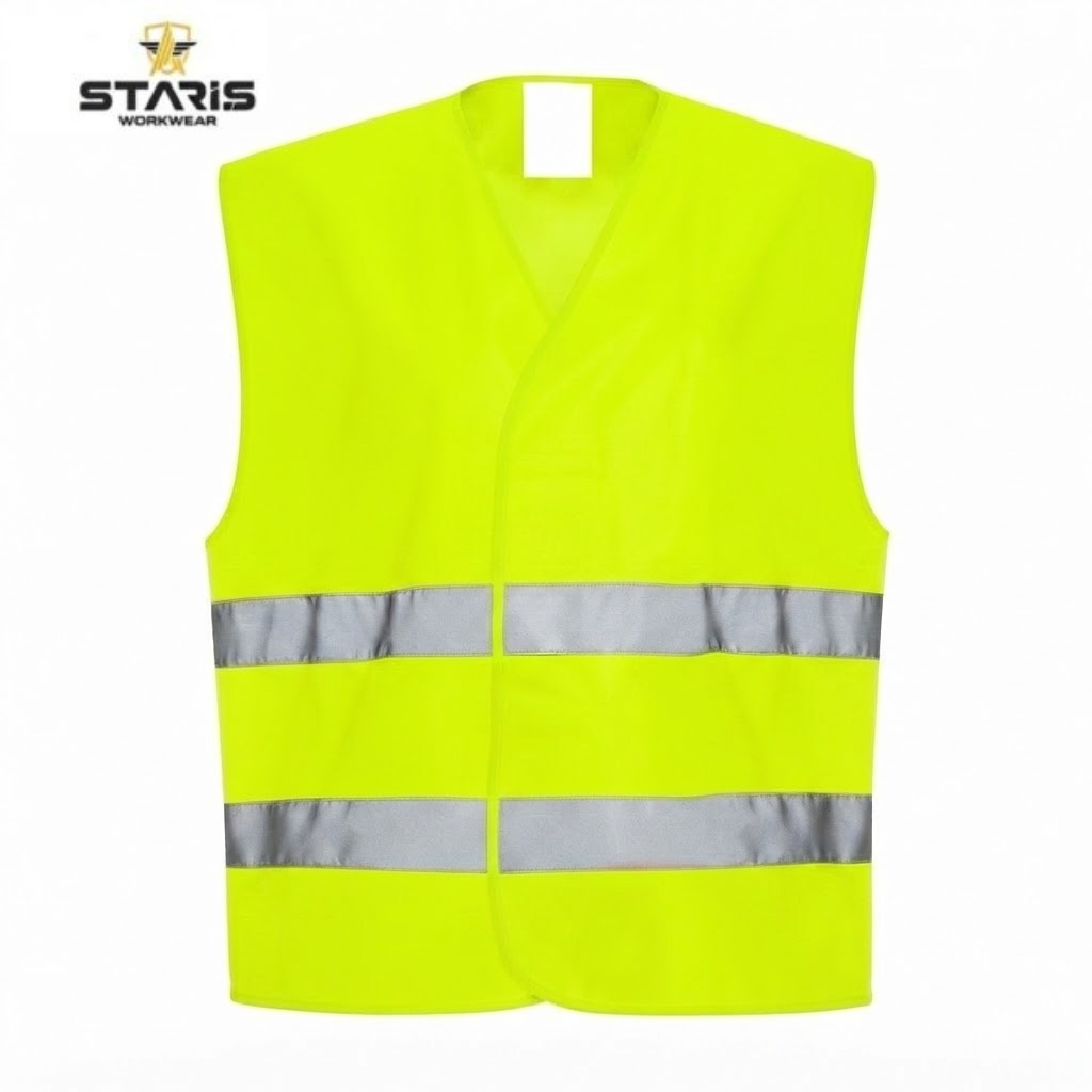 Neon yellow high-visibility safety vest with two silver reflective bands around the torso, sleeveless and front overlapping design.