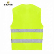 High-visibility neon yellow safety vest with two reflective gray bands across the torso, back view, Staris Workwear branding visible in the corner.