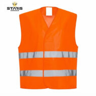 High-visibility orange safety vest with two reflective silver stripes for visibility in low light.