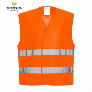 High-visibility orange safety vest with two reflective silver stripes for visibility in low light.