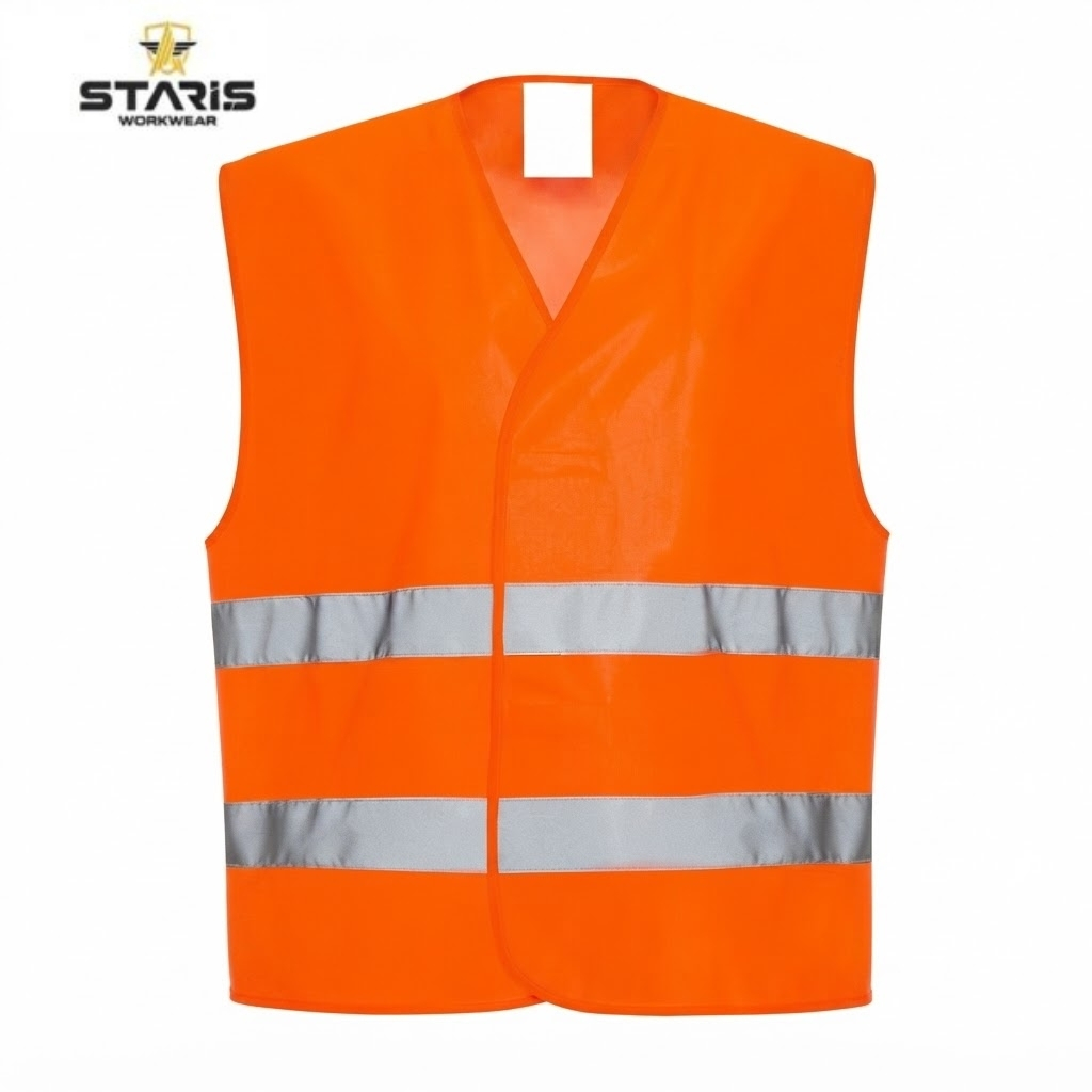 High-visibility orange safety vest with two reflective silver stripes for visibility in low light.
