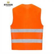 Orange high-visibility safety vest with two reflective silver stripes, shown from the back.