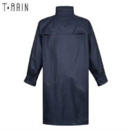 Rear view of a navy waterproof raincoat with long sleeves and a high collar, knee-length-ish coat laid flat for display.
