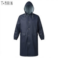 Navy raincoat with hood, front buttons, and two large pockets, knee-length and elastic cuffs on sleeves