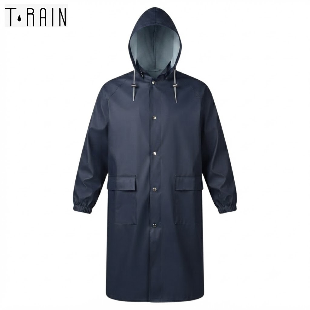 Navy raincoat with hood, front buttons, and two large pockets, knee-length and elastic cuffs on sleeves