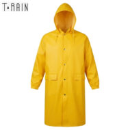 Bright yellow hooded raincoat with snap buttons, elastic cuffs, and two large front pockets.