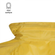 Close-up of a bright yellow jacket collar with a zipper visible.