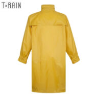 Back view of a bright yellow waterproof raincoat with a high collar and long sleeves.