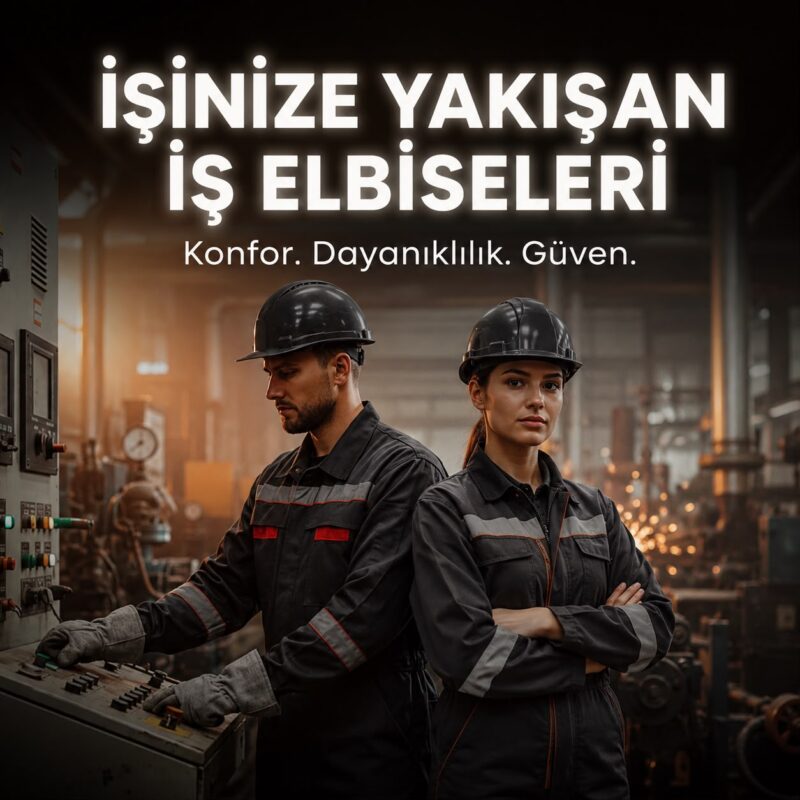 İş elbisesi giymiş erkek ve kadın çalışanlar, üretim tesisinde güvenli ve dayanıklı kıyafetlerle duruyorlar; konfor vurgulanıyor.