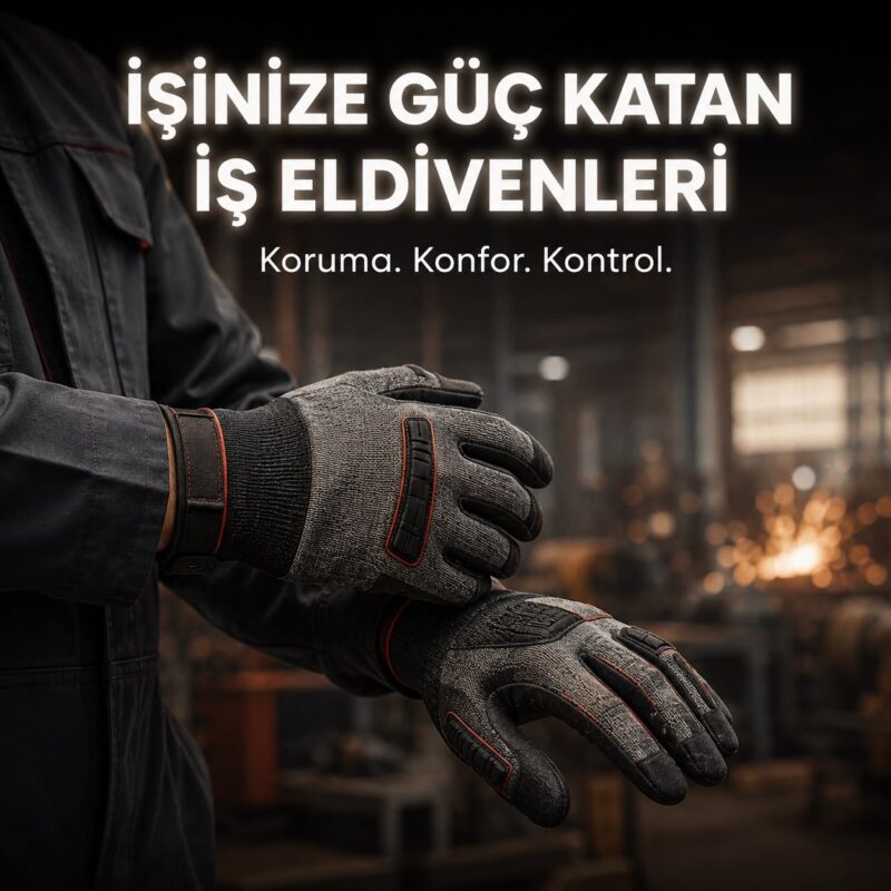 Close-up of rugged work gloves on a worker’s hands in a factory setting, promoting protection, comfort, and control.