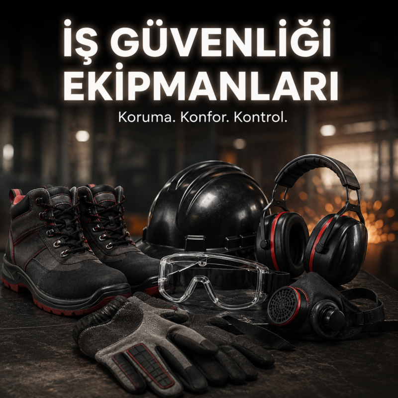 Industrial safety gear spread on a workbench: boots, hard hat, goggles, gloves, and earmuffs/headphones.