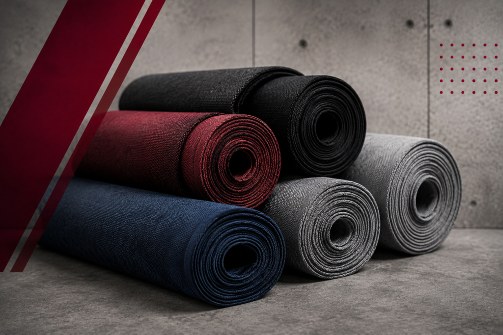 Rolled exercise mats in blue, red, black, and gray stacked on a gym floor with a concrete backdrop and maroon diagonal stripes (informative).
